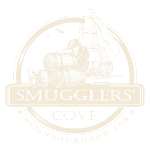 The Smugglers' Cove seal: a tall ship, rum barrels and a resting smuggler